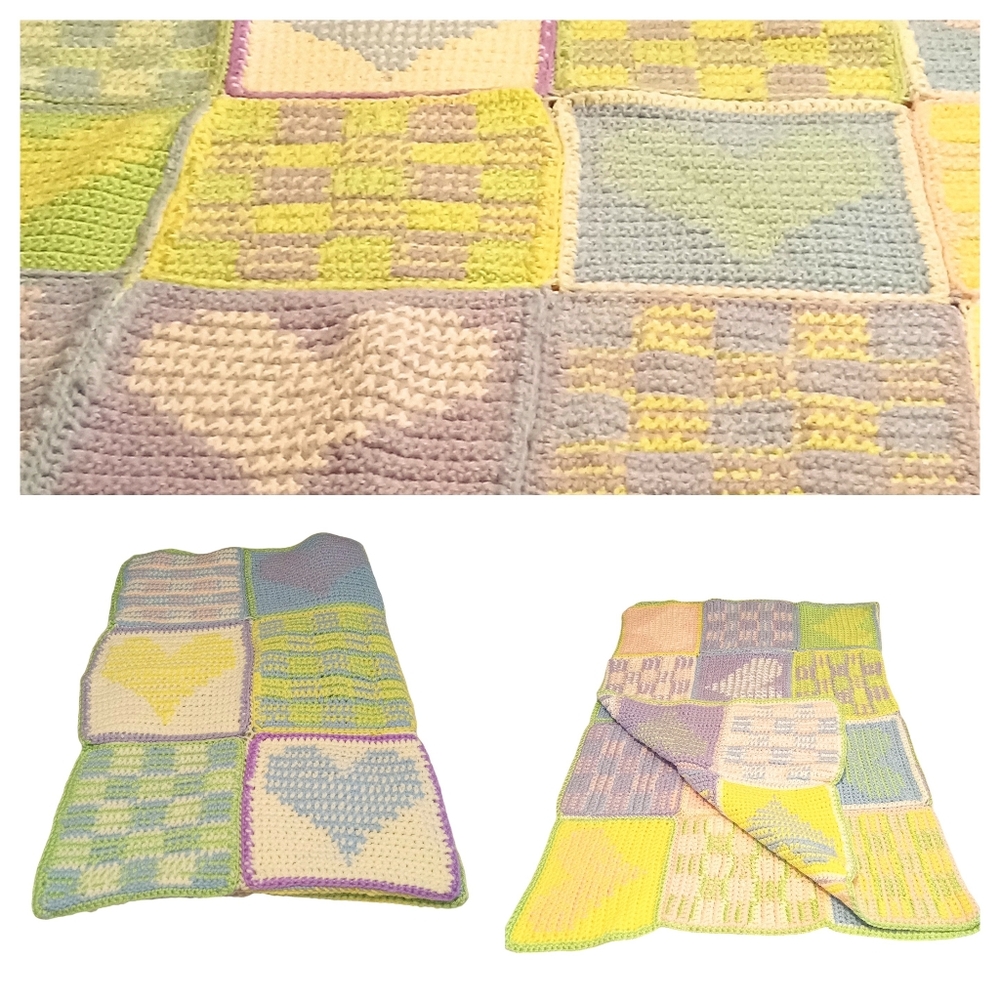 Handmade Crochet Baby Blanket Girl Heart Blocks Crib Size
